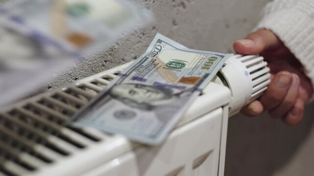 A woman adjusts a radiator thermostat with dollars nearby, symbolizing energy saving and financial benefit. Concept home energy efficiency and cost savings