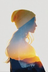 A graceful profile of a woman wearing a beanie, merged with a vibrant mountain sunset and starry sky. This double exposure evokes creativity, exploration, and serenity for lifestyle or travel projects