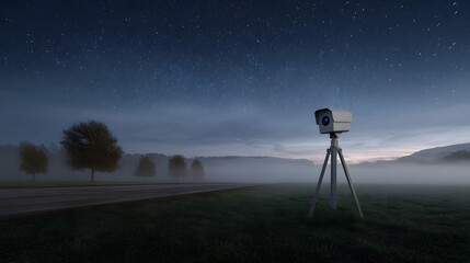 Naklejka premium A solitary security on a tr overlooks a foggy rural landscape under a vast starlit night sky