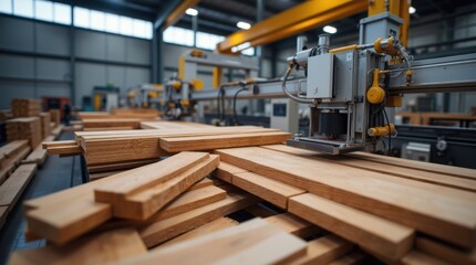 Fototapeta premium Lumber processing in modern automated wood sawmill factory 