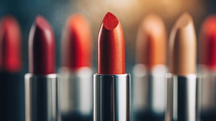 Obraz premium Close-up of various vibrant lipsticks in silver tubes, blurred background