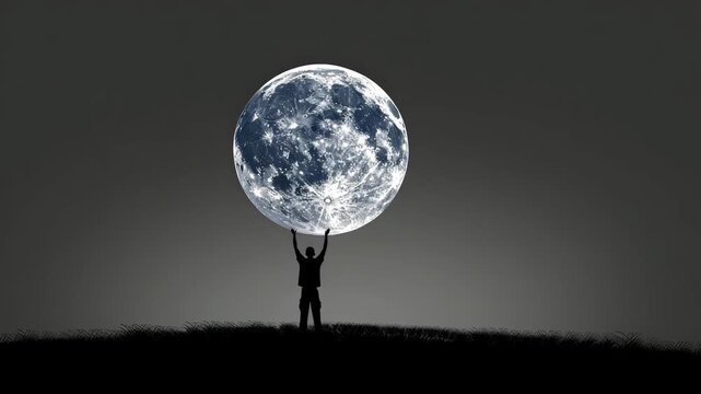 Individual raises a massive moon against a dark sky filled with twinkling stars, creating a magical and whimsical setting