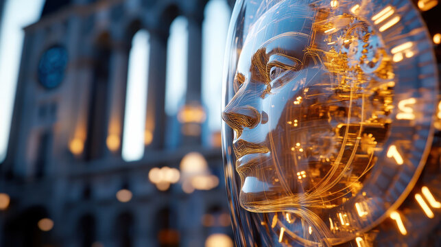 A close-up of a futuristic human face crafted from transparent materials, embedded with glowing clock mechanisms that reflect a blend of technology and artistry.