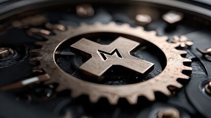Close-up of watch gears with a golden "X" emblem, intricate details, and mechanical elements