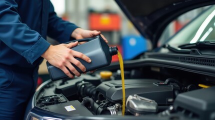 Mechanic pouring motor oil into a car engine, ensuring smooth operation & optimal performance. Routine maintenance crucial for vehicle longevity & reliability. Trust the professionals.