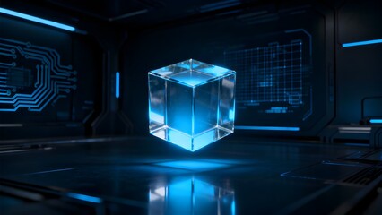 Digital transparent cube floats above glowing blue data streams.