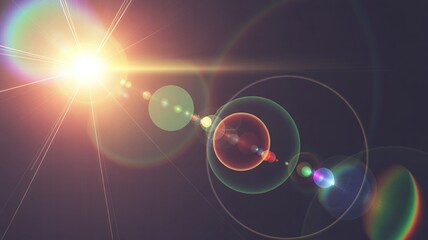 Abstract Sunlight Flare with Colorful Lens Bokeh Effects on Dark Background