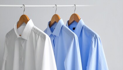 White and Light Blue Dress Shirts on Wooden Hangers Against Light Gray Wall
