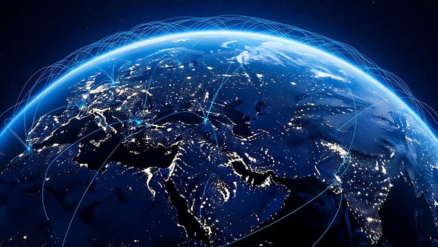 Global network connections over the earth, representing worldwide communication and technology infrastructure