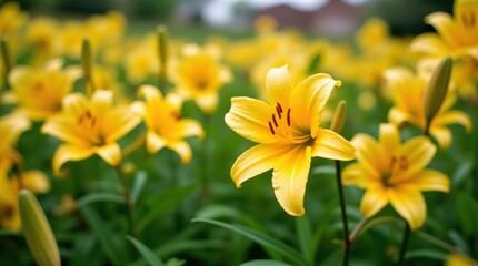 Panoramic View of Blooming Yellow Lilies in a Lush Garden 
