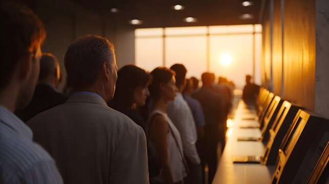 A line of diverse people waiting in a modern office interior during a beautiful sunset
