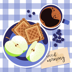 cookies and apples with a cup of coffee drawn in a flat style with texture, close-up, top view. breakfast with pastries, fruits, and berries. Stock vector illustration. EPS 10.
