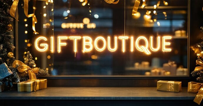 Festive window display shows bright GIFTBOUTIQUE neon sign. Presents, garlands decorate shopfront. Warm lighting creates cozy atmosphere. - Powered by Adobe