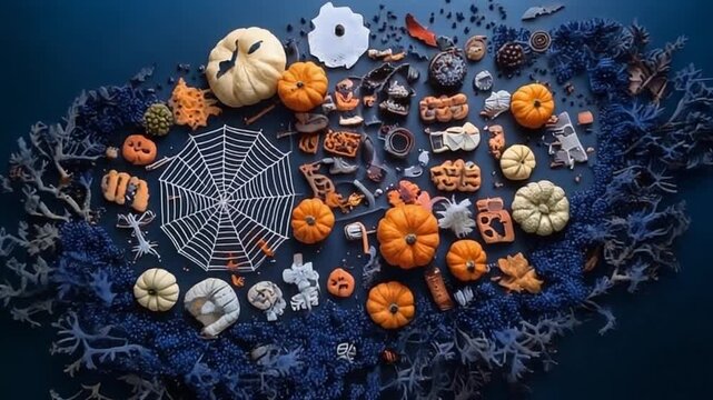 Halloween Decorations Assortment with Pumpkins Skulls and Spiderweb.