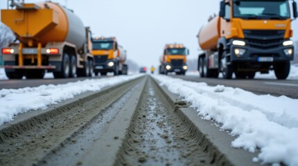 Pouring concrete in winter conditions, construction site with trucks and snow, cold weather infrastructure project. Ground level view, close up of pouring concrete