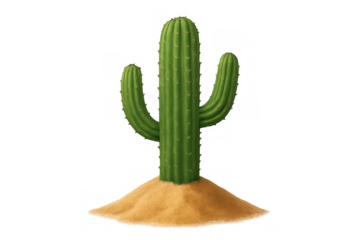 Saguaro cactus growing in sand mound on transparent background, representing desert flora and resilience