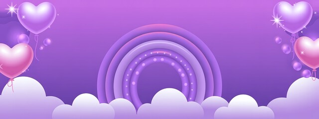 Whimsical Purple Sky with Heart Balloons and Neon Rainbow""