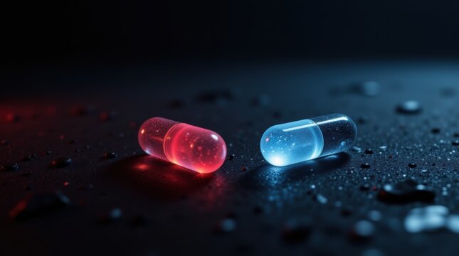 red pill and blue pill, matrix movie style scene, slightly transparent pills kind of neon glowing, dark ambience, 4k 