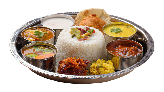 Millet Food thali or platter is an Indian vegetarian age-old way of eating, isolated on a white background