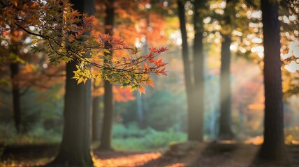 Autumnal Forest Pathway: Warm Sunlight Through Fall Foliage, Serene Woodland Scene