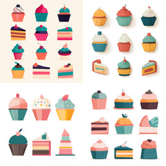 Colorful cupcake and cake icon set with playful toppings, frosting, and sliced desserts. Perfect for bakery graphics, sweet themes, cafe menus, celebration designs, and cute decorative illustrations.