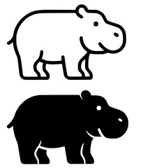 Minimalist icon, hippopotamus vector, black and white, outline and silhouette