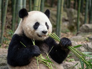 Obraz premium Baby Panda Eating Bamboo in Forest Environment
