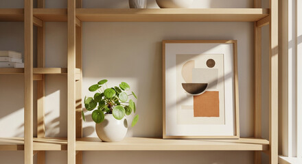 Scandinavian Shelf with Plant and Art Frame