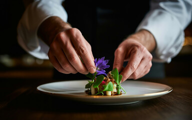 Chef carefully garnishes exquisite dish with purple flower