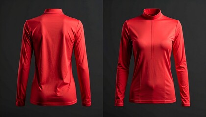 Red Long-Sleeve Athletic Shirt Front and Back Views on Dark Background