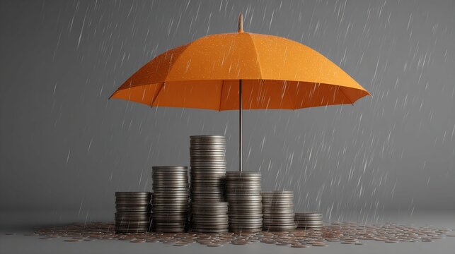 Orange Umbrella Protecting Stacks of Silver Coins in Simulated Rainfall on Gray Background Financial Security Concept Studio Shot