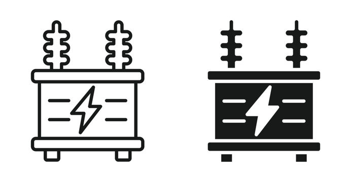 Electric transformer icon set in outline and silhouette style representing power distribution voltage conversion and electrical infrastructure vector illustration . 
