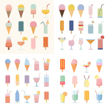 Refreshing ice cream and drink icon set featuring popsicles, cones, juices, and cocktails in bright pastel colors. Perfect for summer themes, menu graphics, vacation designs, and fun decorative artwor