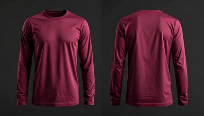 Burgundy Long-Sleeve Shirt with Mandarin Collar Front and Back Views on Dark Background