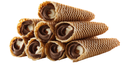 Chocolate filled wafer rolls layered in pyramidal arrangement showcasing sweet dessert treat with crunchy texture isolated on white background
