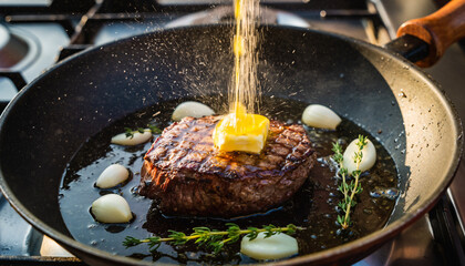 Thick seared steak being seasoned in a black frying pan with melting butter, garlic cloves, and thyme.