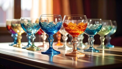 Row of Colored Glass Goblets on Reflective Surface with Neutral Background