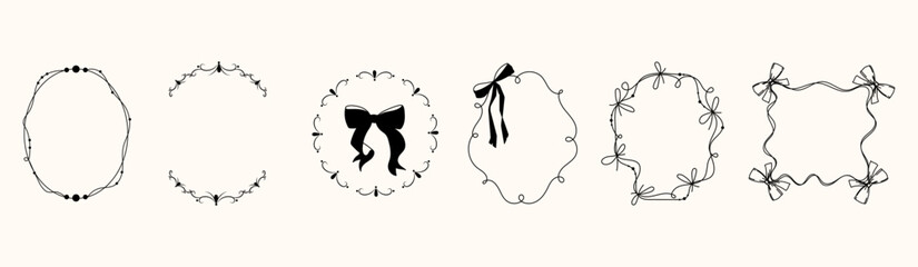 Set of hand drawn decorative frames with bows, ribbons, and patterned elements in black outline style, for wedding invitations, greeting cards, packaging, branding, and scrapbooking designs. Vector