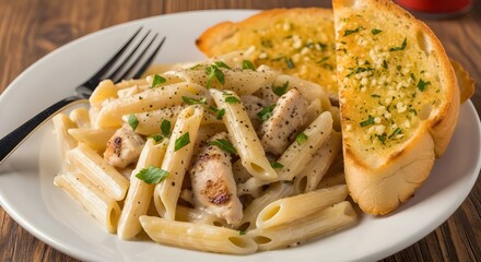 Creamy penne with grilled chicken and golden garlic bread&mdash;classic comfort served on rustic wood.