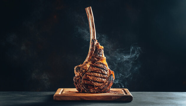 Grilled Tomahawk bone-in ribeye steak standing vertically on a wooden cutting board.