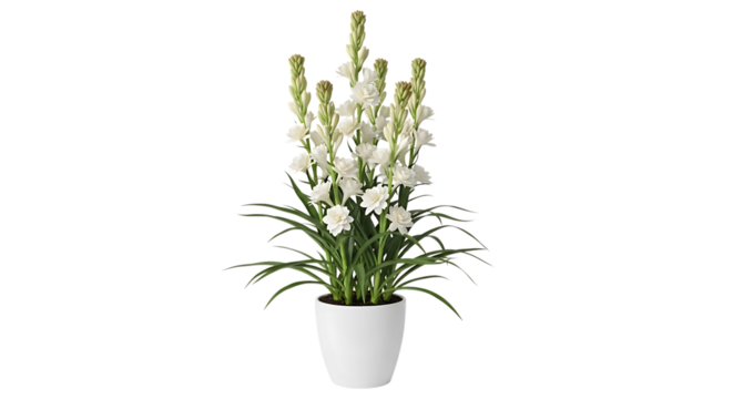 Elegant white delphinium flower arrangement in a white pot isolated on transparent background