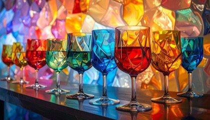 Row of Colored Glass Goblets on Reflective Surface with Neutral Background