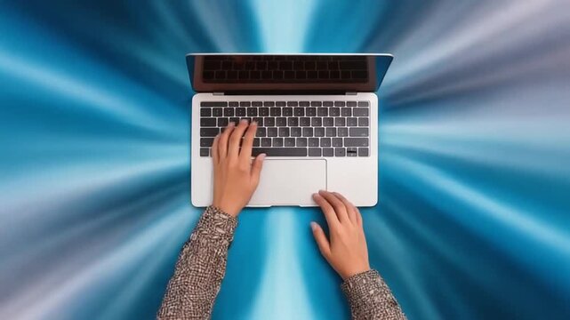 Hands Typing on Laptop Keyboard on a Blue Background.