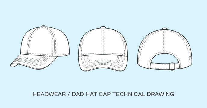 Blank Dad Hat Technical Drawing Presented as Detailed Vector Illustration Showing Fashion Headwear Blueprint, Vintage Streetwear Cap Schematics, and Clean Isolated Design Elements
