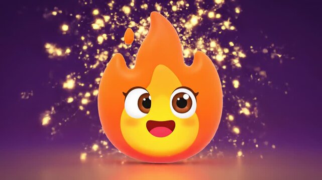Animated flame character with expressive eyes and cheerful smile, showcasing playful emotions and sparkles, camera pans and zooms in for dynamic engagement