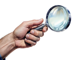 Hand Holding a Magnifying Glass Pointed Forward, Isolated on a Clean Background to Emphasize Focus, Detail, and Inspection