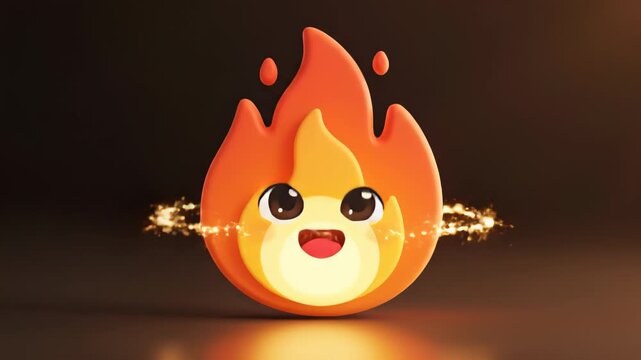 Animated flame character with expressive eyes and cheerful smile, showcasing playful emotions, camera pans and zooms in on vibrant details and sparkling effects