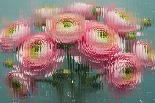 Abstract. Floral. Texture. A beautiful bouquet of pink ranunculus flowers seen through vertical ribbed glass, creating a vibrant, distorted effect for a modern, artistic floral design.
