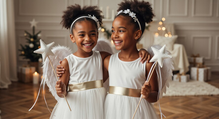 Two happy african american sisters in matching angel costumes for christmas. Cute children with wings and magic wands smiling in a festive home setting