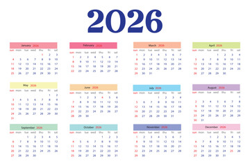 Calendar of year 2026 with months january february march april may june july august september october november and december twelve months